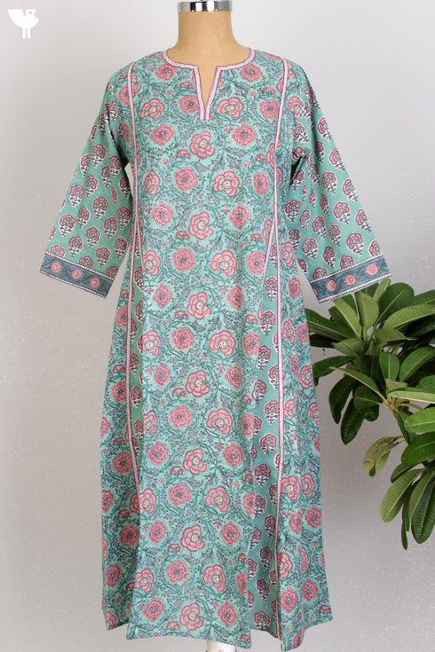 Cambric Cotton Kalidaar Kurta In Floral Block Print