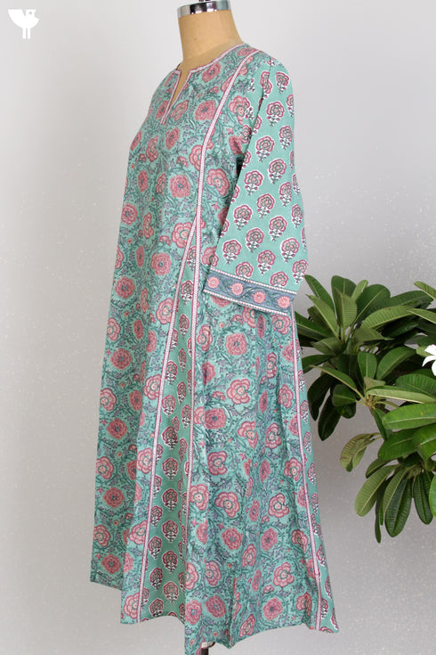 Cambric Cotton Kalidaar Kurta In Floral Block Print