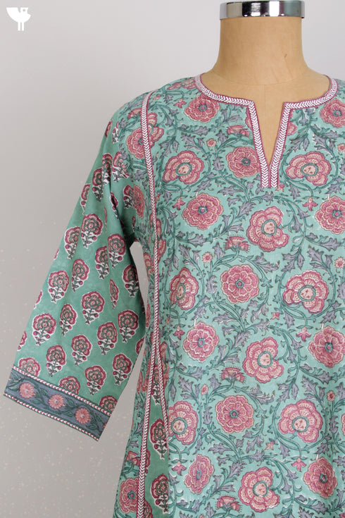 Cambric Cotton Kalidaar Kurta In Floral Block Print