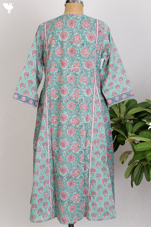 Cambric Cotton Kalidaar Kurta In Floral Block Print