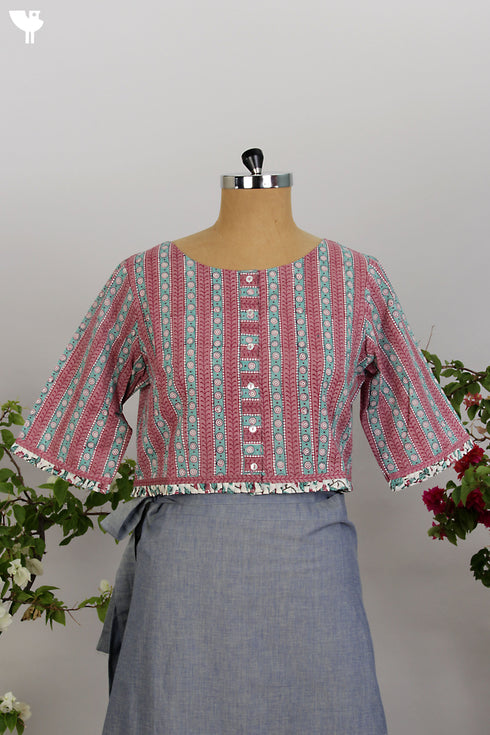 Cambric Cotton Blouse In Graphic Block Print