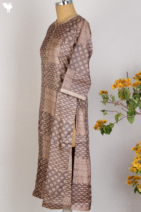 Tussar Silk Kurta In Graphic Block Print