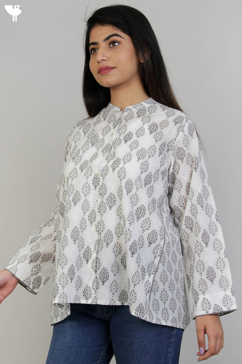 Cambric Cotton Paneled Tunic In Graphic Block Print