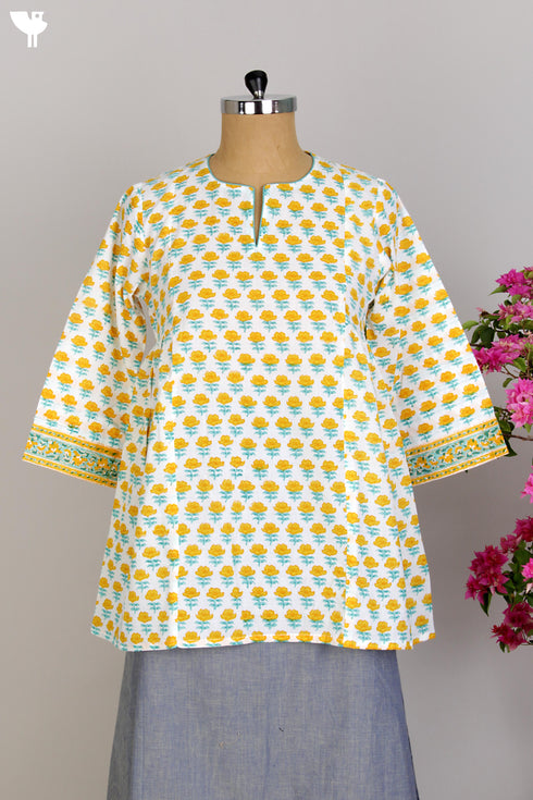 Cotton Cambric Kurti in Yellow Floral Block Print