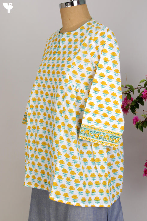 Cotton Cambric Kurti in Yellow Floral Block Print