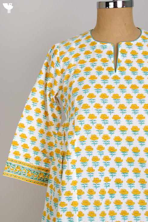 Cotton Cambric Kurti in Yellow Floral Block Print