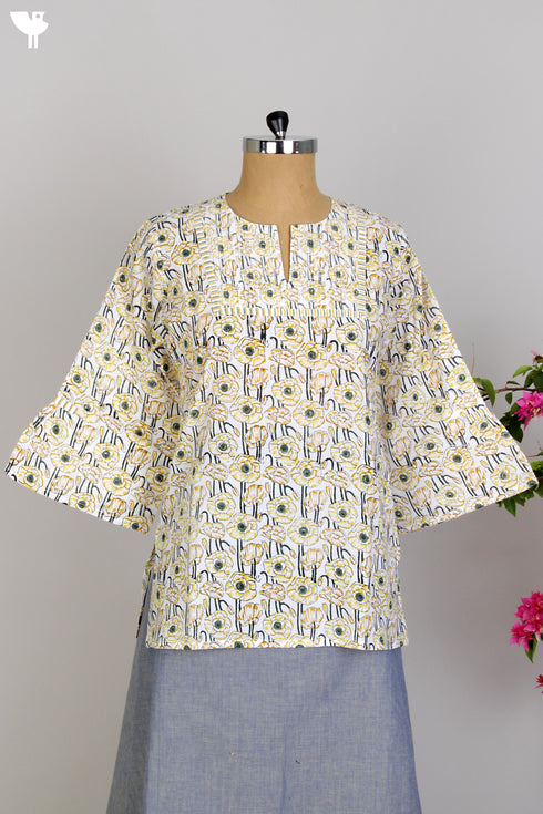 Cotton Cambric Kurti in Yellow Floral Block Print with Pintucks