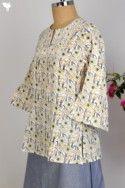 Cotton Cambric Kurti in Yellow Floral Block Print with Pintucks