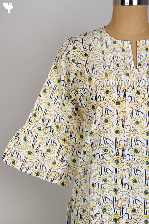 Cotton Cambric Kurti in Yellow Floral Block Print with Pintucks