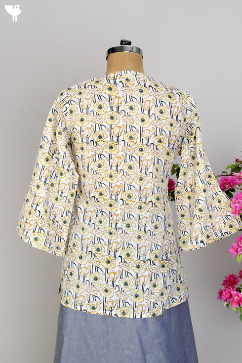 Cotton Cambric Kurti in Yellow Floral Block Print with Pintucks