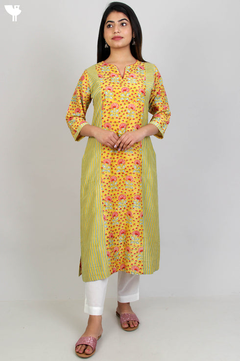 Cotton Silk Paneled Kurta In Floral Block Print
