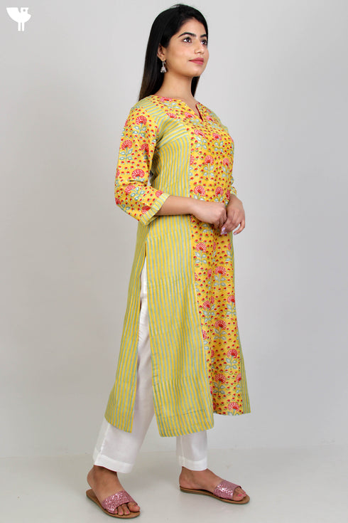 Cotton Silk Paneled Kurta In Floral Block Print