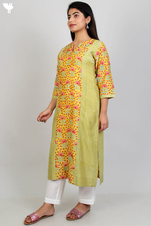 Cotton Silk Paneled Kurta In Floral Block Print