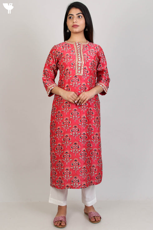 Chanderi Silk Kurta With Golden Lace In Floral Block Print