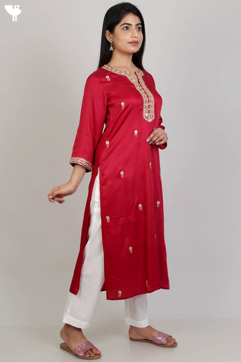 Satin Kurta With Gota Embroidery In Block Print