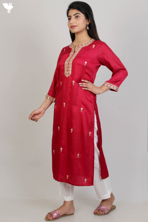 Satin Kurta With Gota Embroidery In Block Print
