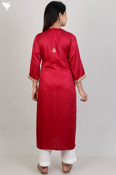 Satin Kurta With Gota Embroidery In Block Print