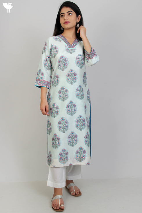 Chanderi Silk Kurta In Floral Block Print
