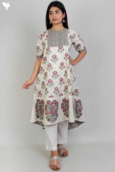 Cambric Cotton Kurta With Floral Block Print