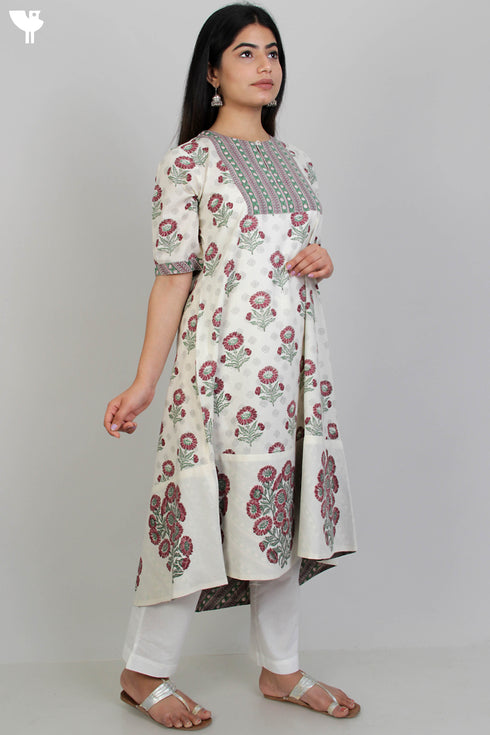 Cambric Cotton Kurta With Floral Block Print