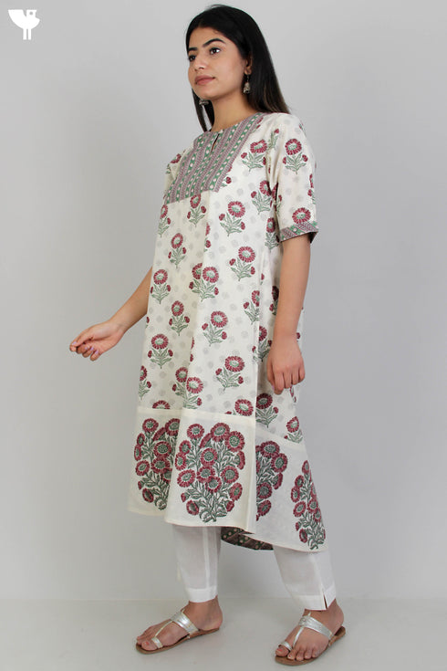 Cambric Cotton Kurta With Floral Block Print