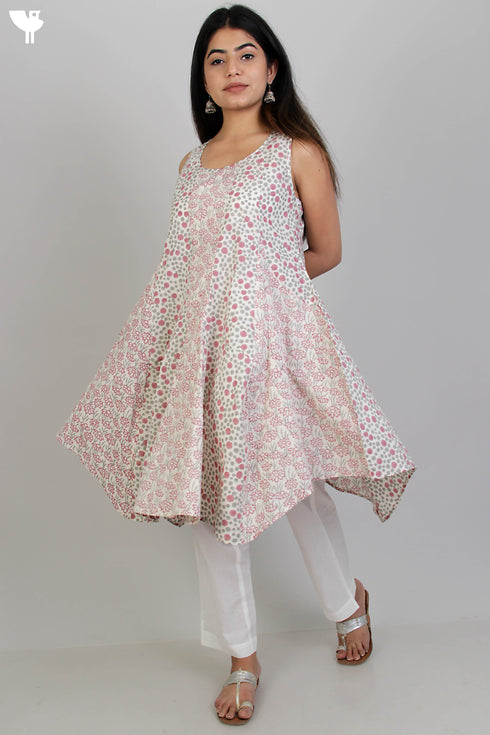 Cambric Cotton Sleeveless Dress With Graphic Block Print