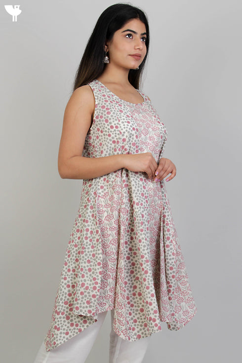 Cambric Cotton Sleeveless Dress With Graphic Block Print