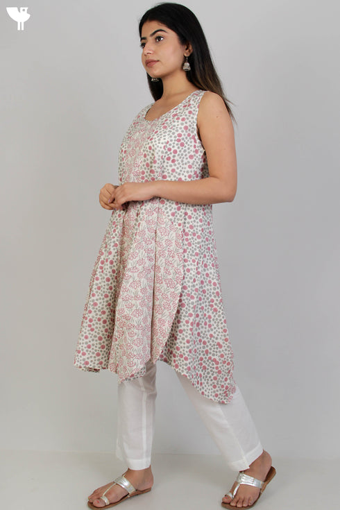 Cambric Cotton Sleeveless Dress With Graphic Block Print