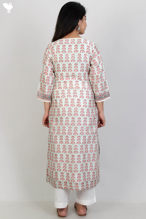 Chanderi Silk Kurta In Floral Block Print With Gota Embroidery