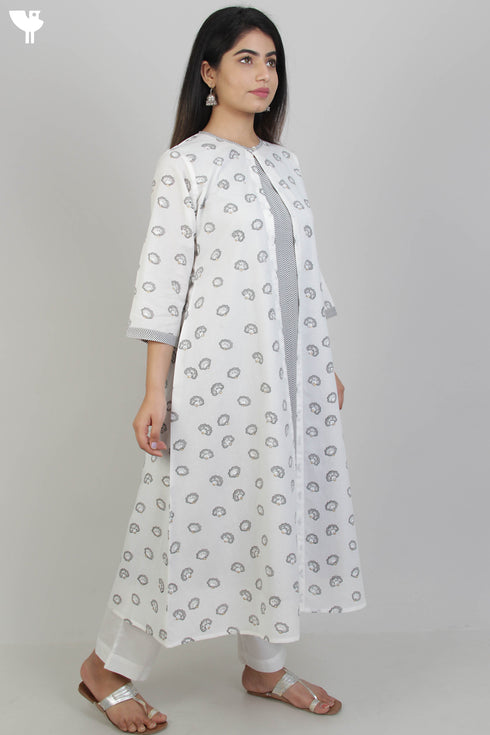 Cambric Cotton Kurta With Overlay Jacket In Floral Block Print