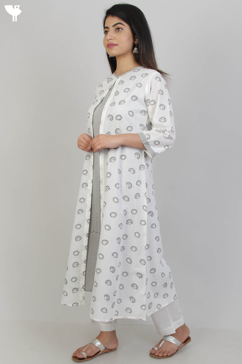 Cambric Cotton Kurta With Overlay Jacket In Floral Block Print