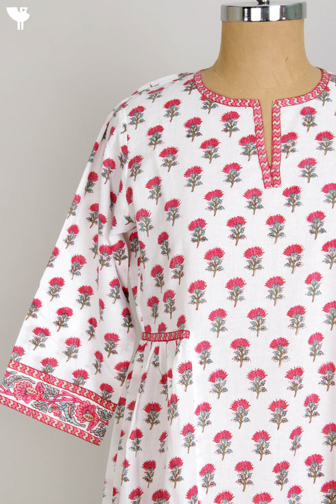 Cambric Cotton Dress In Floral Block Print