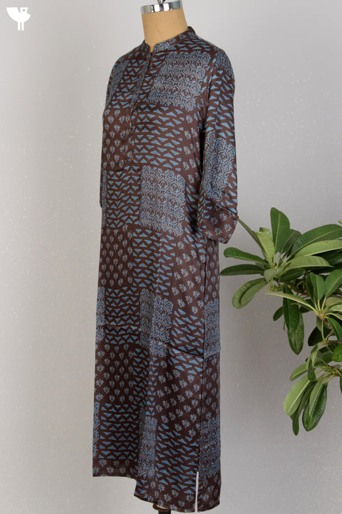 Satin Kurta In Graphic Block Print