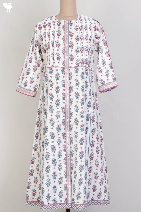 Cambric Cotton Pintucked Dress In Floral Block Print