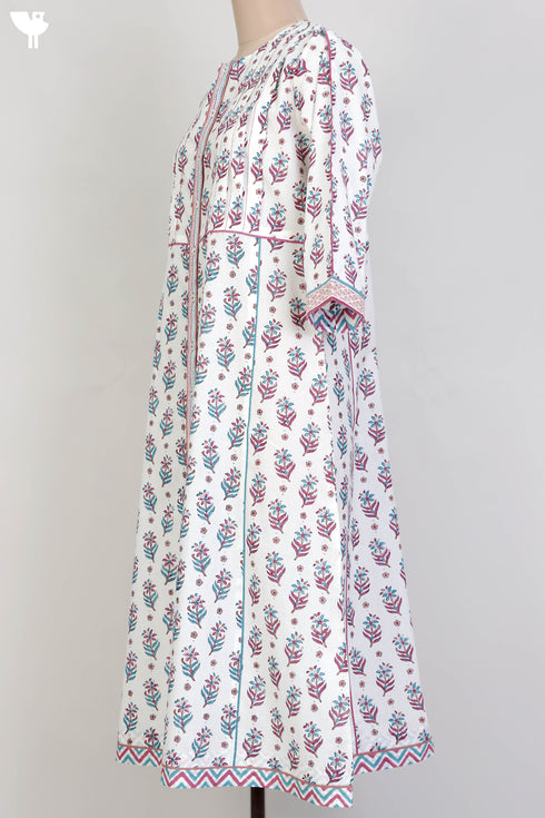 Cambric Cotton Pintucked Dress In Floral Block Print