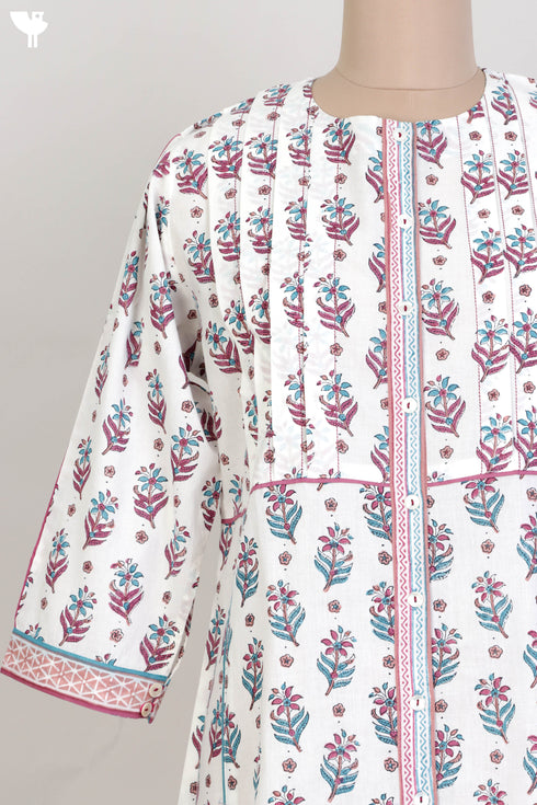 Cambric Cotton Pintucked Dress In Floral Block Print