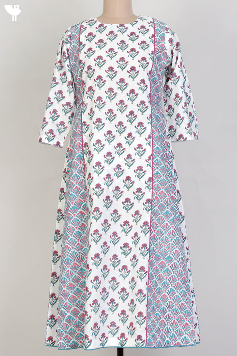 Cambric Cotton Paneled Dress In Floral Block Print