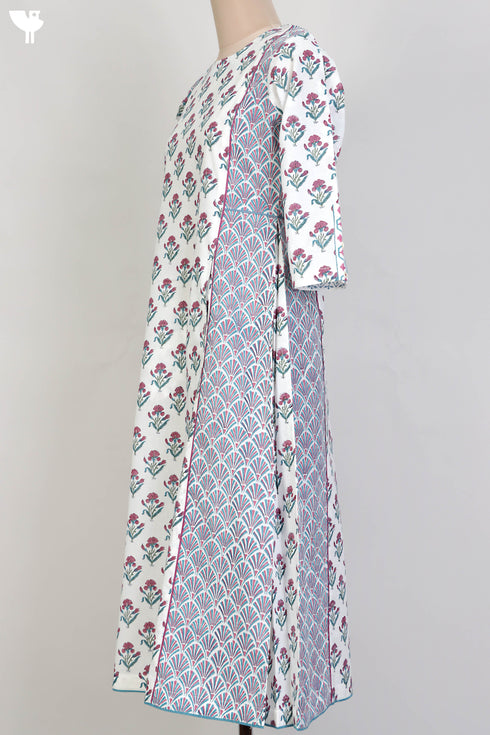 Cambric Cotton Paneled Dress In Floral Block Print