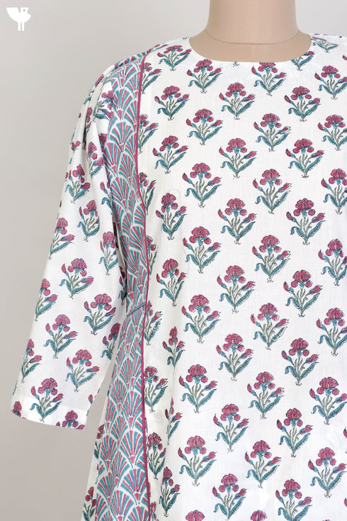 Cambric Cotton Paneled Dress In Floral Block Print