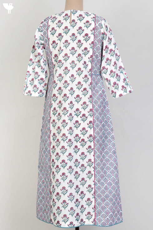 Cambric Cotton Paneled Dress In Floral Block Print