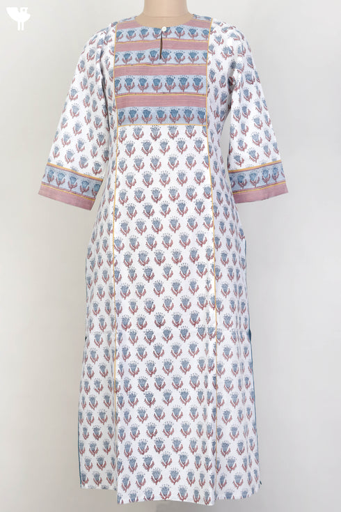 Cambric Cotton Paneled Kurta In Floral Block Print