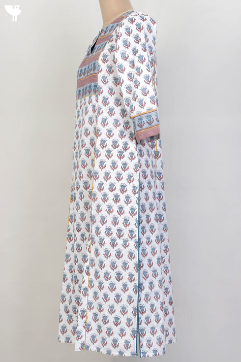 Cambric Cotton Paneled Kurta In Floral Block Print