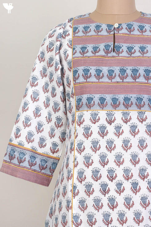 Cambric Cotton Paneled Kurta In Floral Block Print
