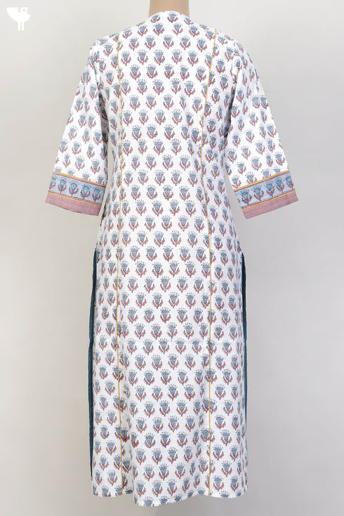 Cambric Cotton Paneled Kurta In Floral Block Print