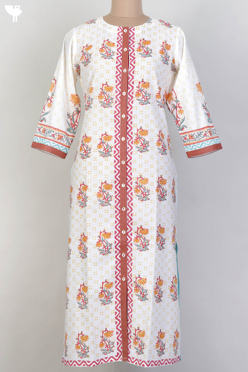 Cambric Cotton Button Down Kurta In Floral Block Print