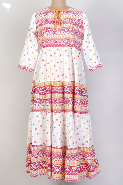 Cambric Cotton Tiered Dress With Block Print