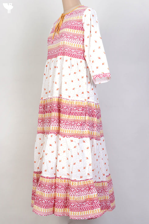 Cambric Cotton Tiered Dress With Block Print