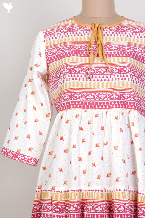 Cambric Cotton Tiered Dress With Block Print
