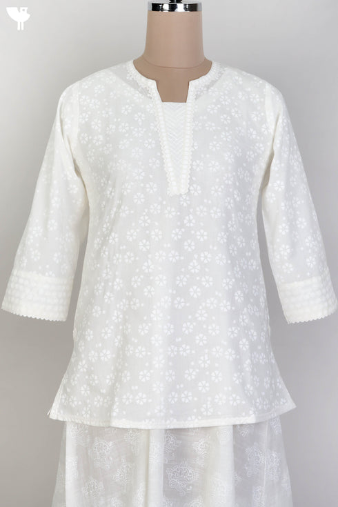 Cambric Cotton Lace Top With Ivory Block Print