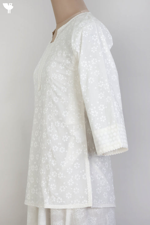 Cambric Cotton Lace Top With Ivory Block Print